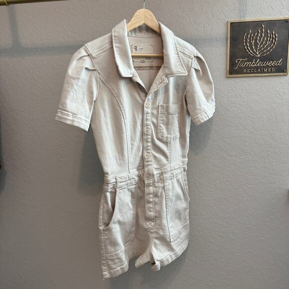 Women's Pilcro Anthropologie Cream Short Sleeve Denim Romper Size 10 - Picture 1 of 8